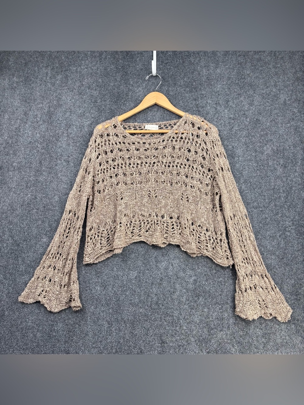 Altar’d State Light Brown Boho Open Crochet Knit Sweater Bell Sleeves Size M/L
